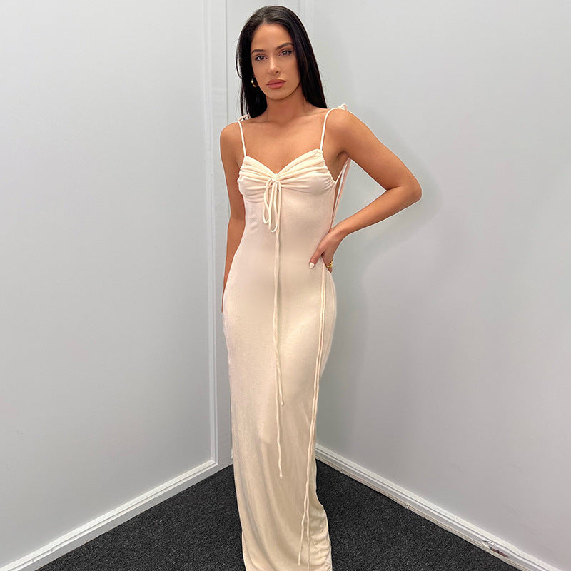 Damen Elegantes Maxikleid mit verstellbaren Spaghetti-Trägern und raffiniertem Kordelzug EB