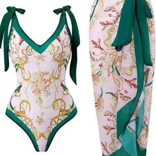 Damen Badeanzug mit floralem Design und transparentem Wickelrock EB