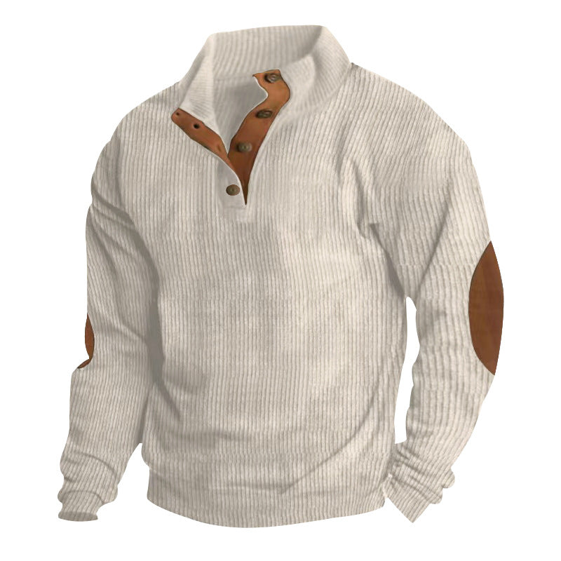Herren nan gerippter Baumwollmix-Pullover mit Stehkragen, Knopfleiste und Lederoptik-Ellenbogenpatches EB