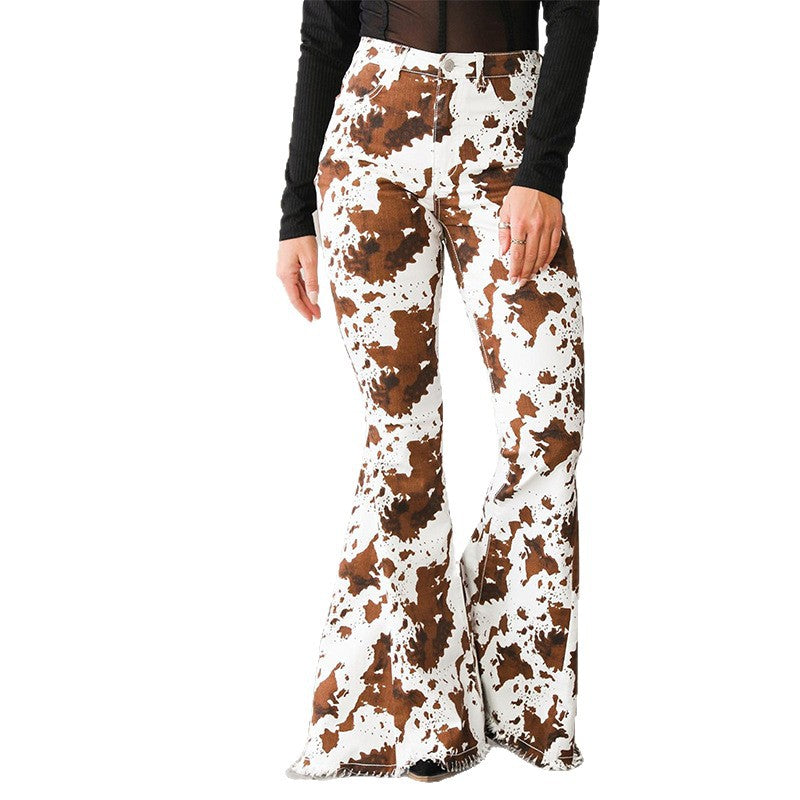 Damen Flared Jeans mit auffälligem Kuhflecken-Muster EB