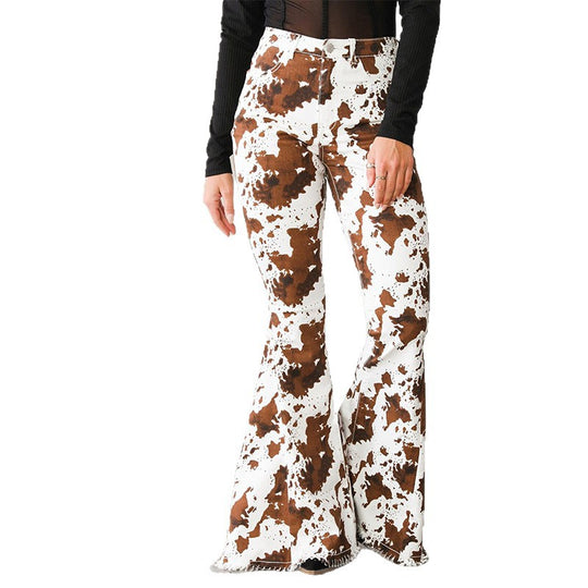 Damen Flared Jeans mit auffälligem Kuhflecken-Muster EB