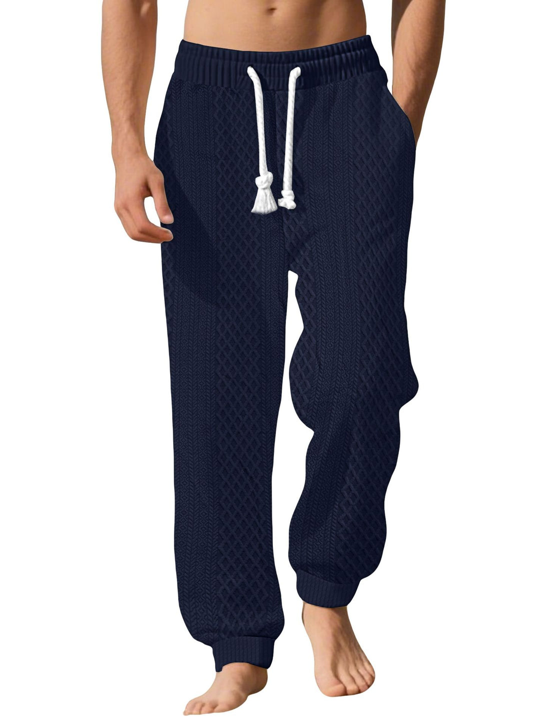 Herren nan gestrickte Wohlfühlhose mit Zopfstruktur, elastischem Bund, Kordelzug und Eingrifftaschen EB