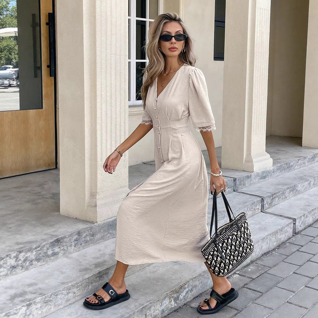 Damen Midi-Kleid mit Knopfdetails und femininen Puffärmeln EB