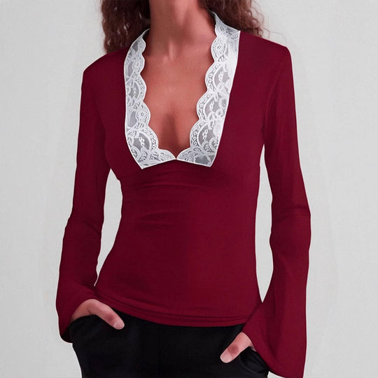 Damen Elegantes Langarm-Top mit Spitzenkragen EB