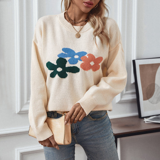 Damen lässiger Pullover mit floralen Motiven und Rundkragen EB