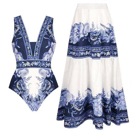 Damen Einteiler Badeanzug mit floralem Design und V-Ausschnitt EB