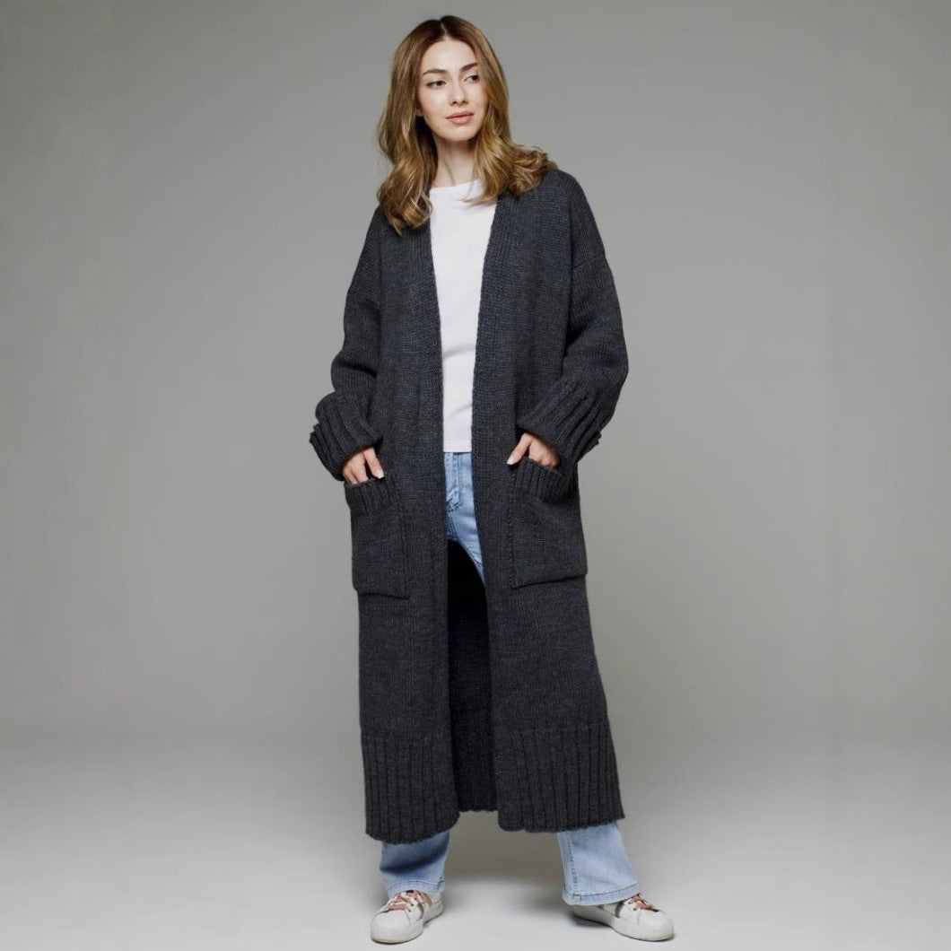 Damen bequemer langer Strickcardigan mit Taschen und breiten Ärmeln EB