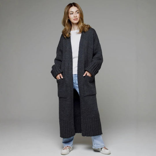 Damen bequemer langer Strickcardigan mit Taschen und breiten Ärmeln EB