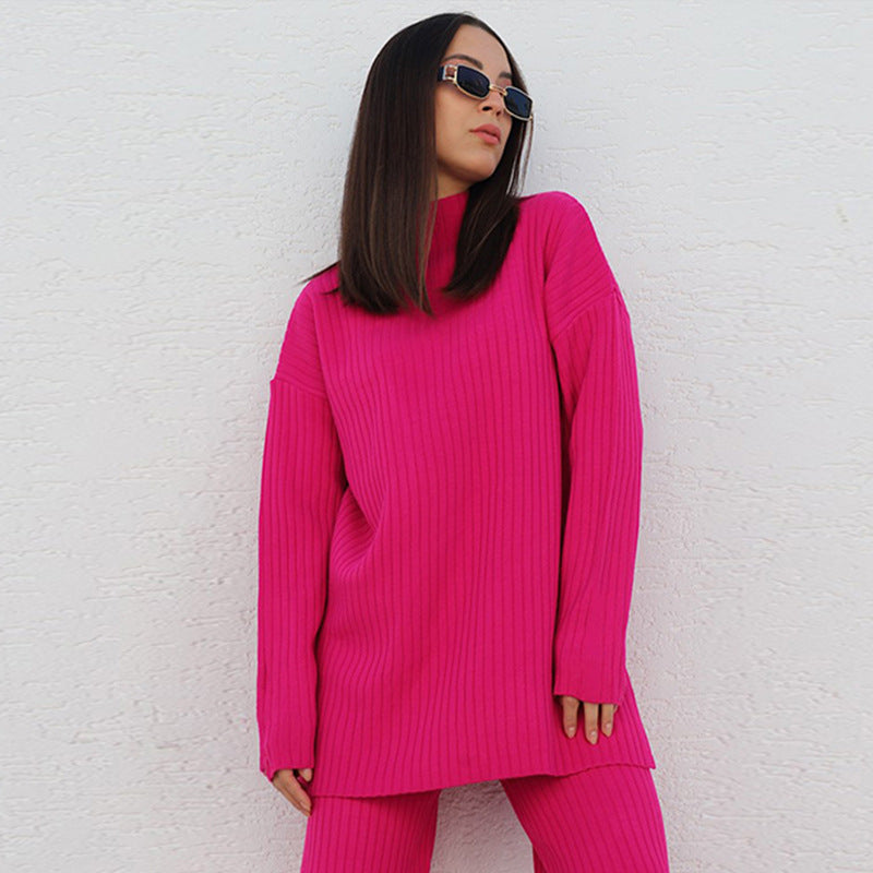 Damen Langarm Strickpullover mit Stehkragen und Rippenstruktur EB