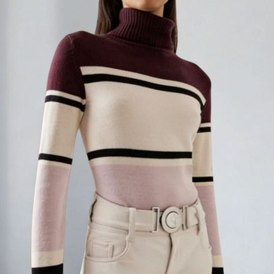 Damen langes Rollkragen Strickkleid mit Sternmotiv, Blockstreifen und elastischem Rippbündchen Eichborn Berlin