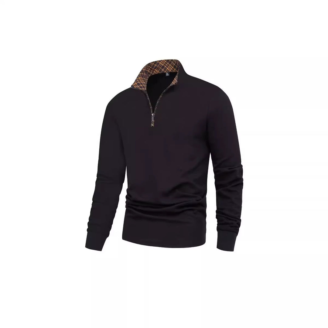 Herren Langarm-Halfzip-Pullover mit Troyerkragen und kariertem Innenkragen EB