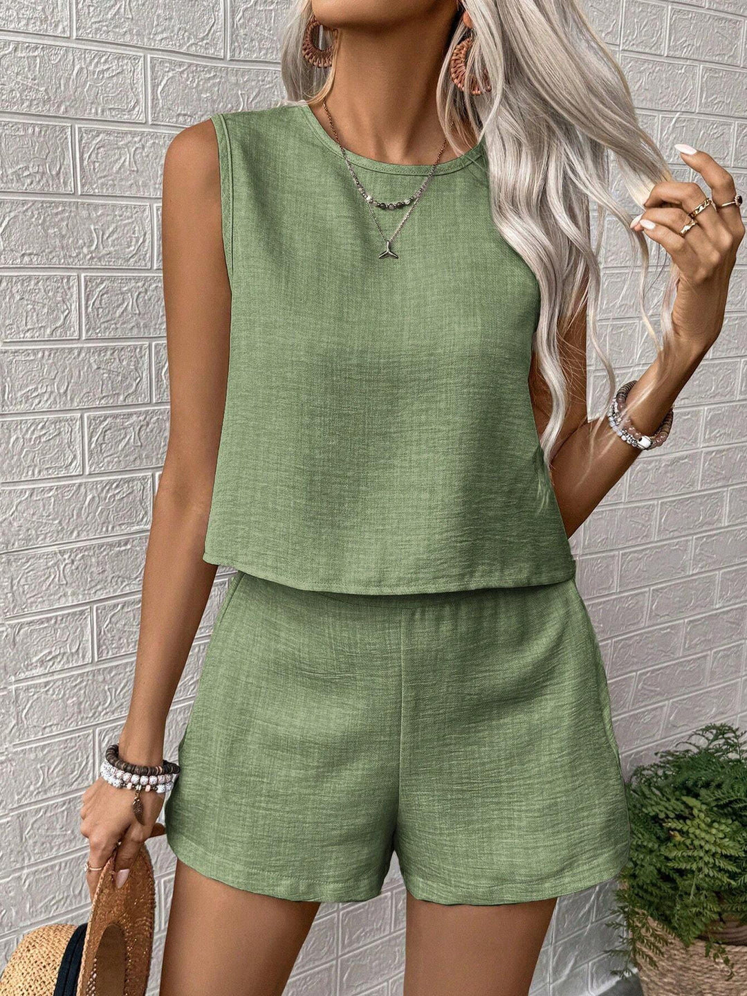 Damen Lässiger Zweiteiler mit ärmellosem Top und Shorts EB