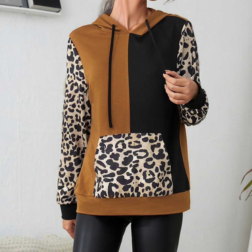 Damen Kapuzenpullover mit auffälligem Leopardenmuster und Farbblockdesign EB