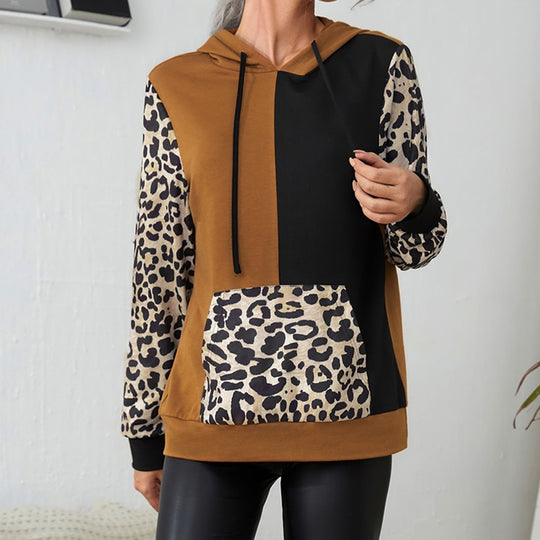 Damen Kapuzenpullover mit auffälligem Leopardenmuster und Farbblockdesign EB