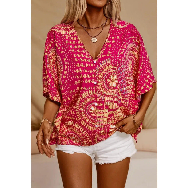 Damen Strandbluse im lässigen Boho-Stil mit bunten Mustern und voluminösen Ärmeln EB