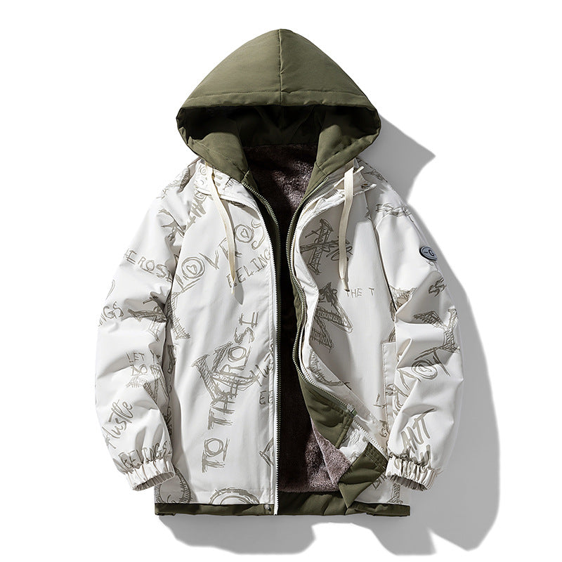 Herren Zweilagige Kapuzenjacke mit Fleece-Innenfutter und Allover-Sketch-Print EB