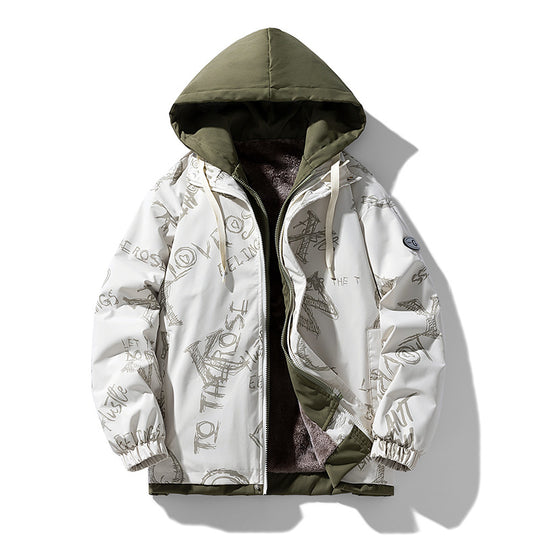Herren Zweilagige Kapuzenjacke mit Fleece-Innenfutter und Allover-Sketch-Print EB