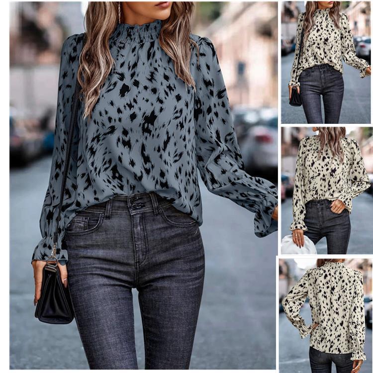 Damen elegantes Blusenshirt mit Rüschenkragen und tierischem Muster EB