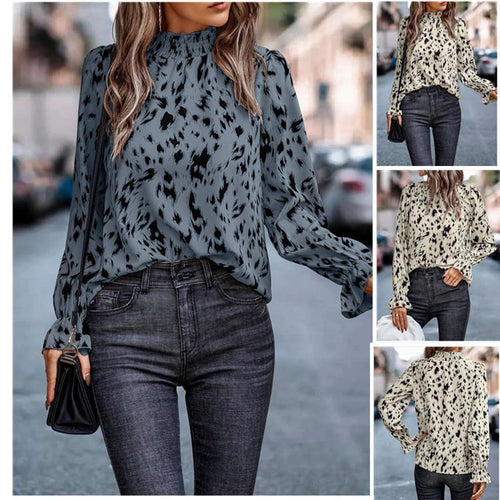 Damen elegantes Blusenshirt mit Rüschenkragen und tierischem Muster EB