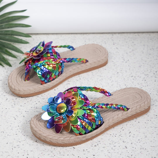Damen Geflochtene Zehentrenner‑Sandalen mit XXL‑Blütenapplikation und gepolstertem Komfortfußbett EB