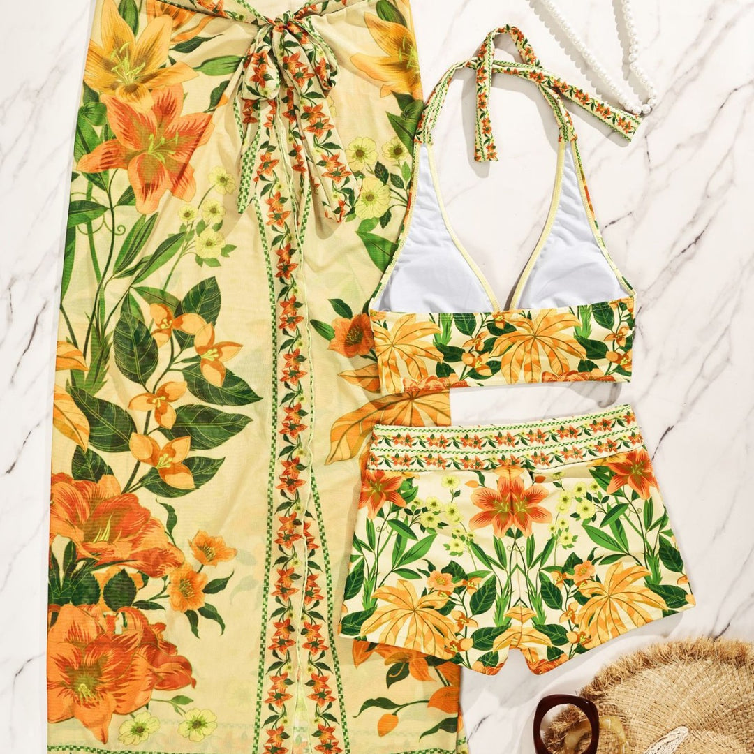 Damen Bikiniset mit floralem langen Überwurf EB