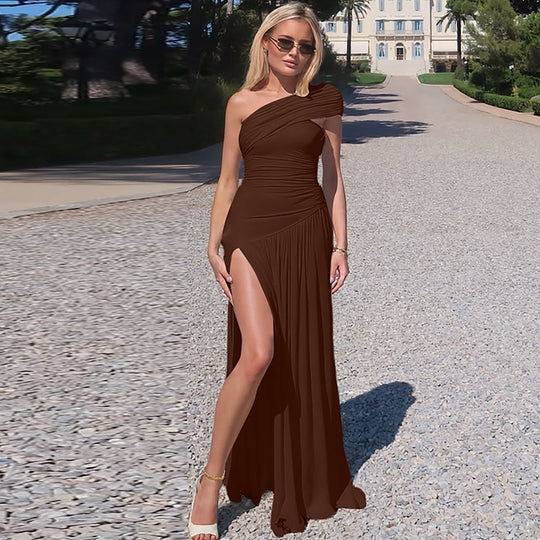 Damen Elegantes Maxi-Kleid mit asymmetrischem Träger und seitlichem Schlitz EB