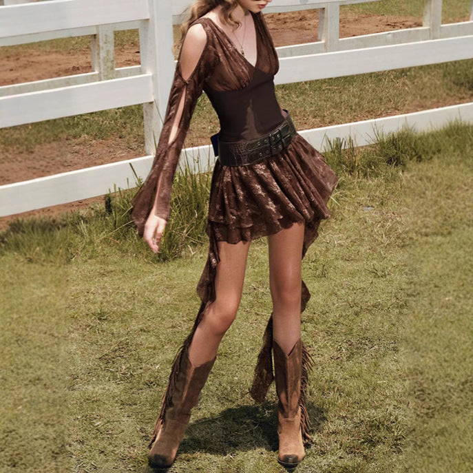 Damen elegantes Wickelkleid mit transparenten Spitzenärmel EB