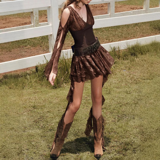 Damen elegantes Wickelkleid mit transparenten Spitzenärmel EB