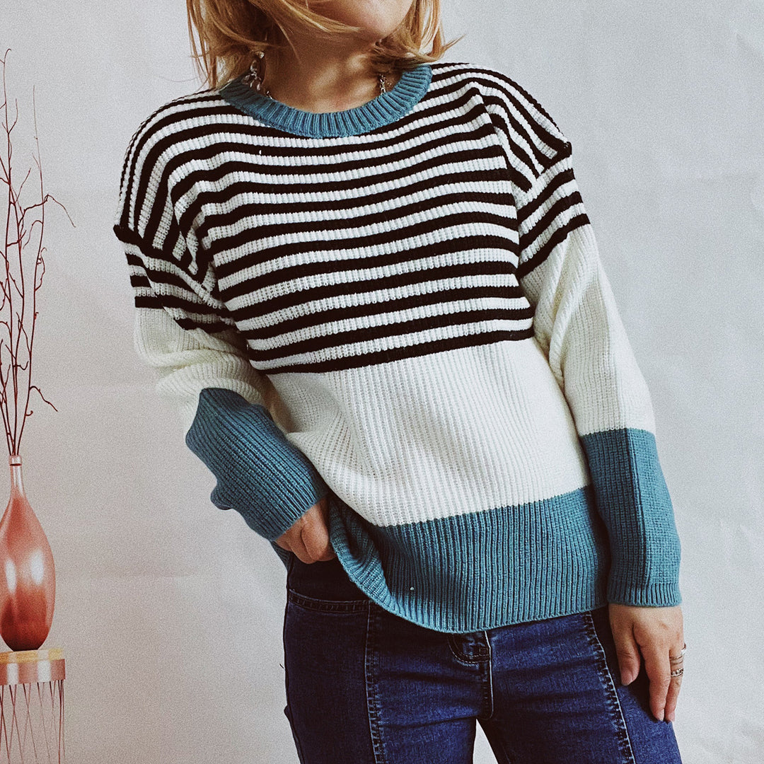 Damen trendy gestreifter Pullover mit modernen Akzenten und komfortablem Schnitt EB