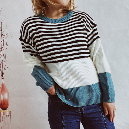 Damen trendy gestreifter Pullover mit modernen Akzenten und komfortablem Schnitt EB