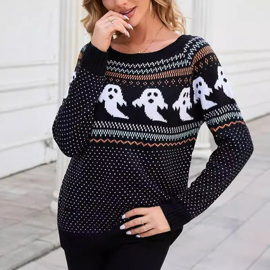 Damen Pullover mit gruseligem Geistermuster und lässigem Schnitt Heidi-Mode