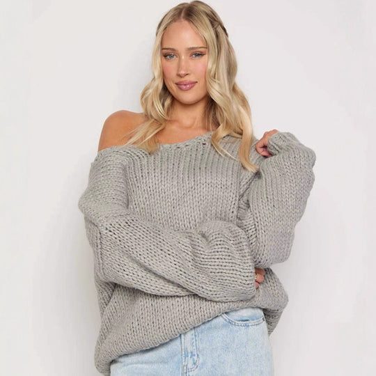 Damen oversized Strickpullover mit offenen Schultern und voluminösen Ärmeln EB