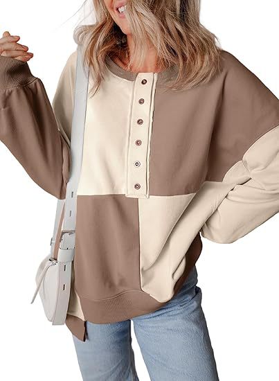 Damen lässiger Kapuzenpullover mit Knopfdetails und Farbblockdesign EB