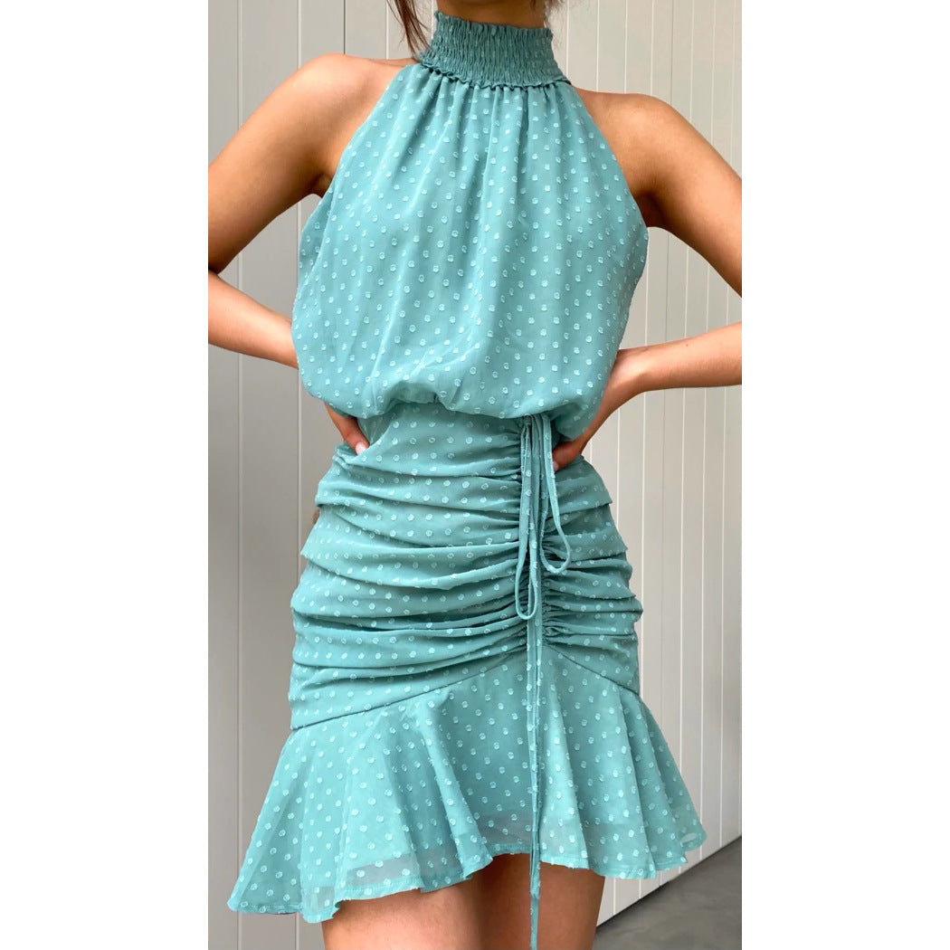 Damen Minikleid mit luxuriösem Kragen, seitlicher Raffung und fließendem Rock EB