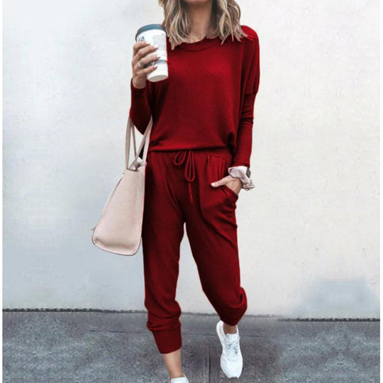 Damen Lässiges Lounge-Set mit Rundhalsausschnitt, Kordelzug-Hose und Bündchen EB