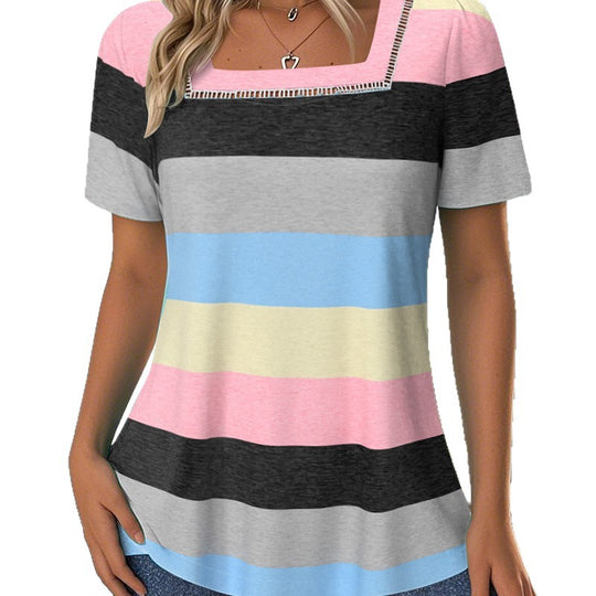 Damen T-Shirt mit modernem Streifenmuster und dekorativem Rundhalsausschnitt Heidi-Mode