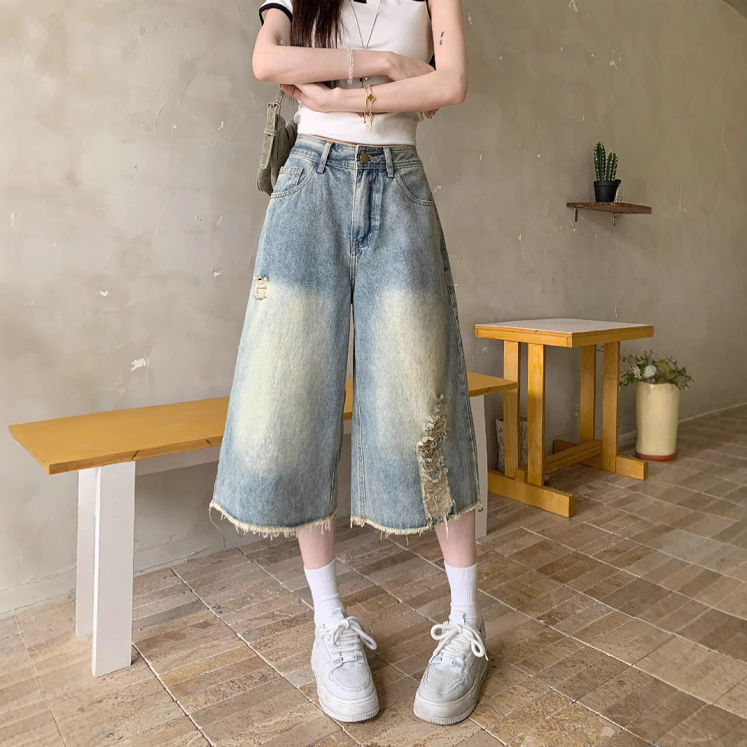Damen Weite Denim-Culotte mit modischen Rissdetails und lässigem Schnitt EB