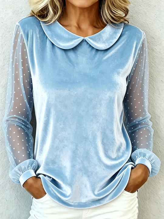 Damen Kuschelige Samtbluse mit Peter-Pan-Kragen und gepunkteten Mesh-Ärmeln EB