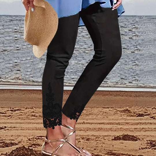 Damen Leggings mit spitzenbesetztem Saum und elastischem Bund EB