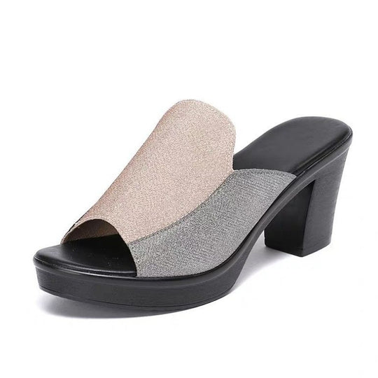 Damen Wedge-Pantoletten mit funkelndem Obermaterial und komfortablem Blockabsatz EB