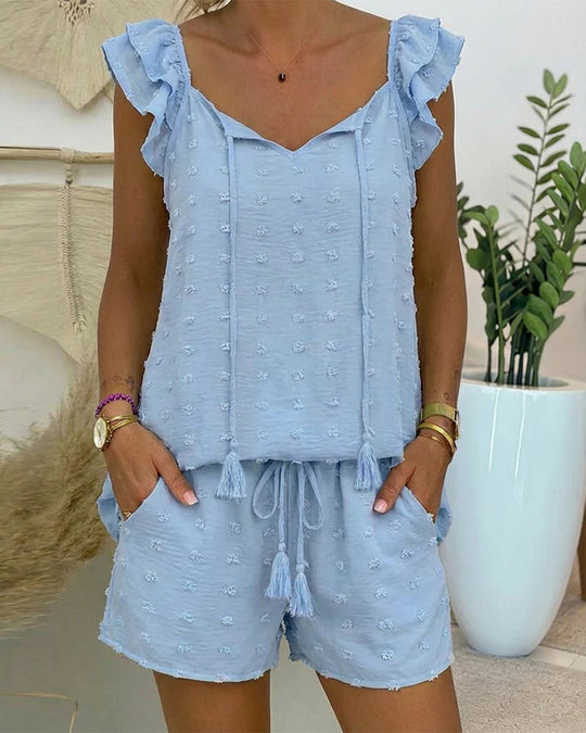 Damen luftiges Freizeit-Set mit Rüschen und Kordelzug EB