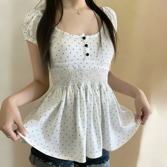 Damen Verspieltes Polka Dots Oberteil mit Rüschen und Knopfleiste EB