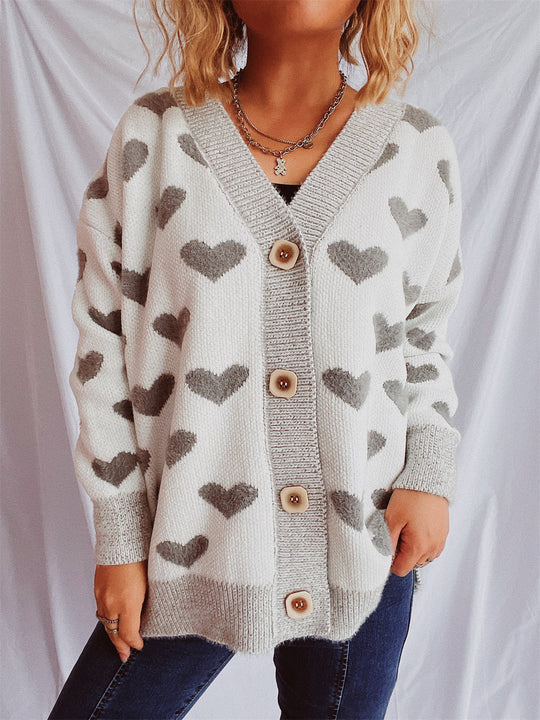 Damen Strickjacke mit herzförmigem Muster und knöpfbarem Design EB