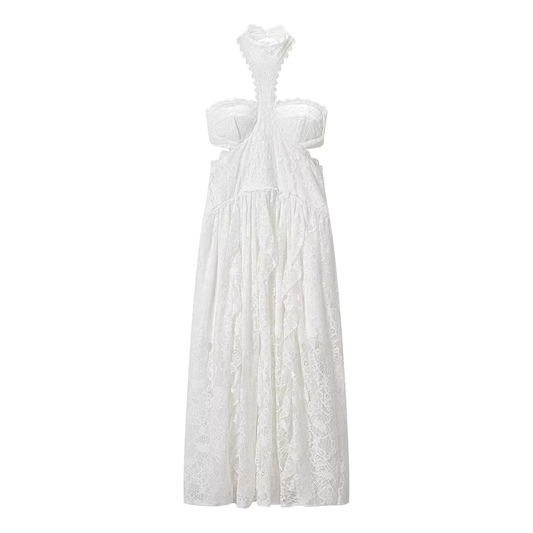 Damen Spitzenmaxikleid mit raffinierten Rüschendetails und elegantem Halterneck EB
