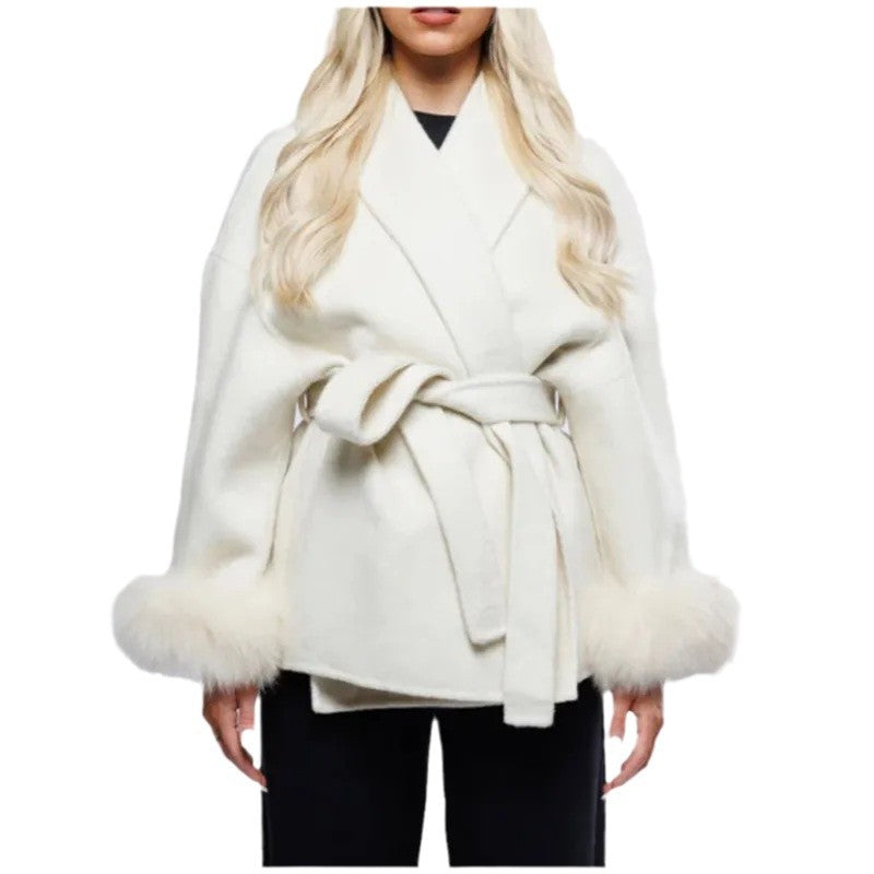 Damen Elegante Wickeljacke mit Teddyfellärmeln EB