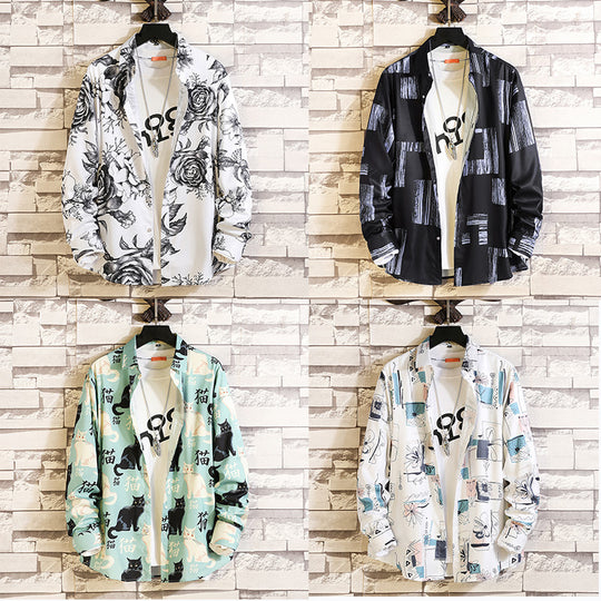 Herren nan langärmliges Hemd mit offenem Reverskragen, kontrastivem Blumenprint und lässiger Regular-Fit Silhouette EB