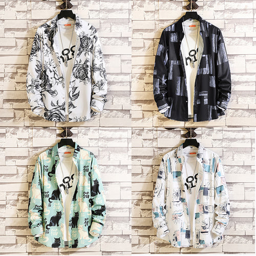 Herren nan langärmliges Hemd mit offenem Reverskragen, kontrastivem Blumenprint und lässiger Regular-Fit Silhouette EB