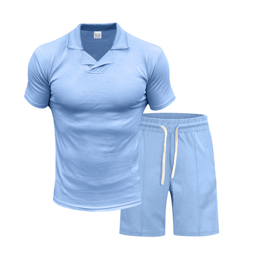 Herren nan kurzärmeliges Polo-Lounge-Set mit V-Einsatz am Kragen und Kordelzug-Bermuda EB