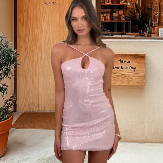 Damen Glitzerndes Minikleid mit eleganter Trägergestaltung und tiefem Ausschnitt EB