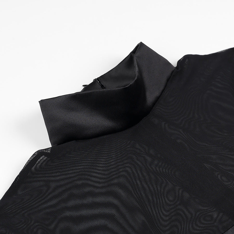 Damen elegantes Auftakt-Kleid mit transparenten Ärmeln und hohem Kragen EB
